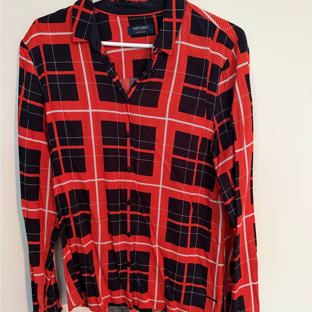Saint James Women's Red and Black Checkered Button Down Shirt
